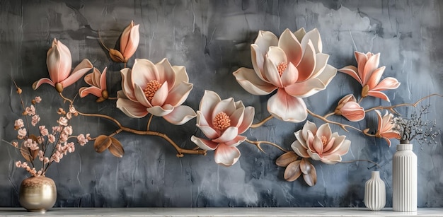 3D wallpaper magnolia flowers on a grey background wall art design for home decoration