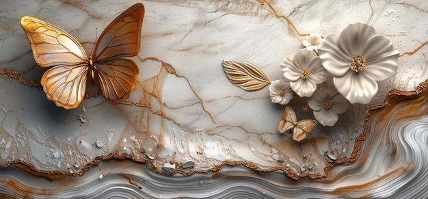 3d wallpaper marble texture with golden butterfly and white flower in the middle of feathers frame