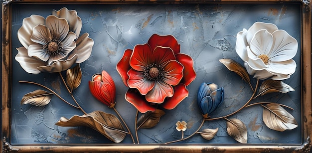 3d wallpaper wall painting of three different flowers in red blue and white colors with a vintage bronze frame on a grey background