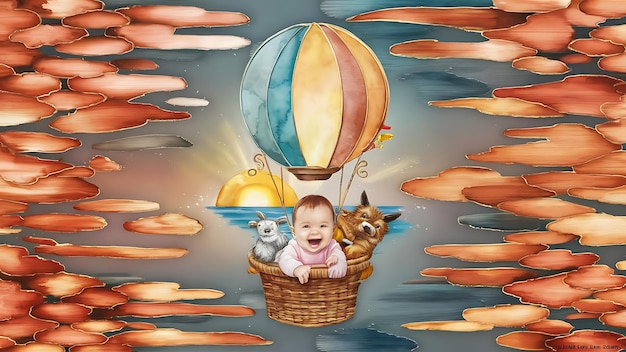 Photo 3d wallpaper watercolor baby air balloon seamless