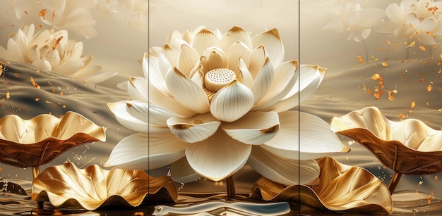 3d wallpaper white lotus flower background wall art design floral luxury background with golden decoration for home decoration