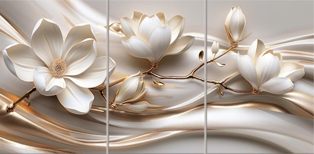 3d wallpaper white magnolia flowers golden branches decoration and interior mural painting for home decoration