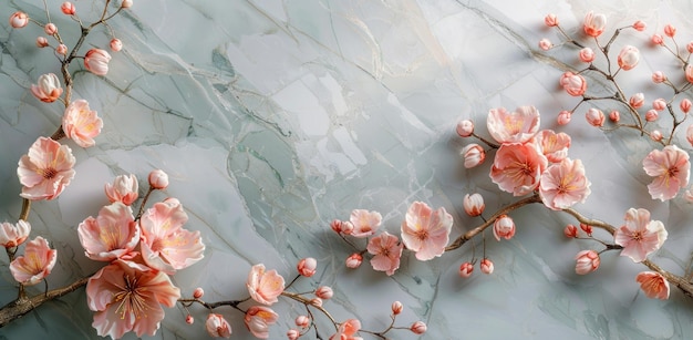 3d wallpaper with beautiful flowers branch on marble background