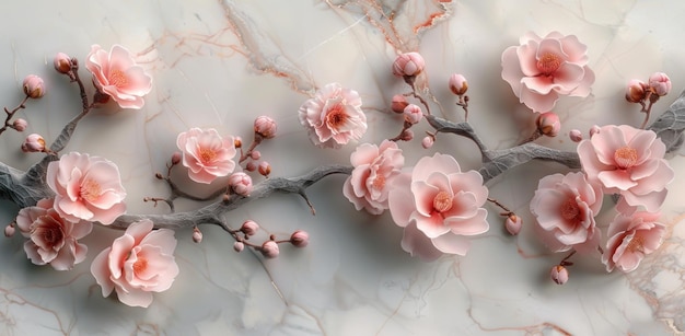 3d wallpaper with beautiful flowers branch on marble background