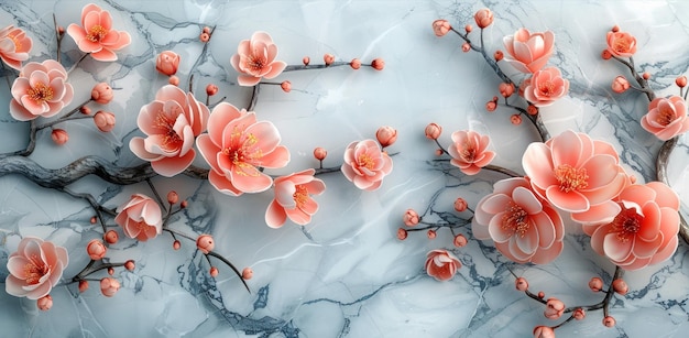 3d wallpaper with beautiful flowers branch on marble background