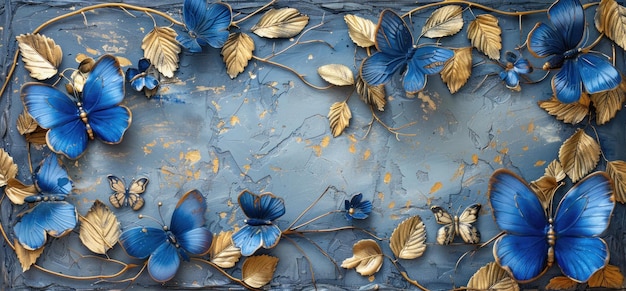 3D wallpaper with blue and gold butterflies and leaves hanging decoration on the wall background for wall decoration