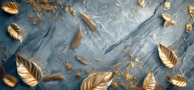 3D wallpaper with golden leaves and feathers on a grey marble background luxury design art for wall decoration