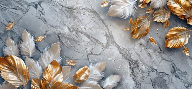 3D wallpaper with golden leaves and marble background elegant feathers in the style of grey stone texture luxury wall art design