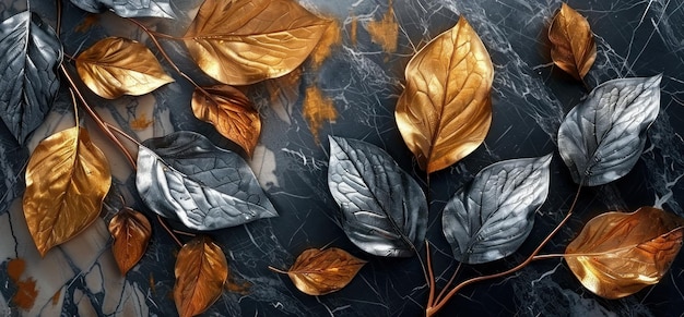 3D wallpaper with golden and silver leaves in different sizes on a black marble background