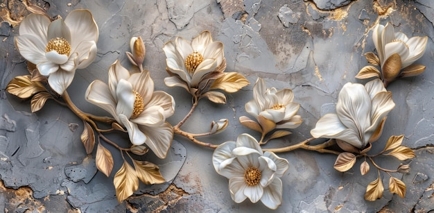 3d wallpaper with white and gold magnolia flowers on grey stone background golden leaves decorative relief pattern