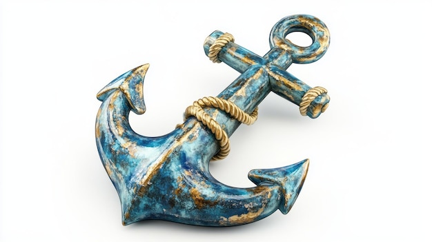 3D Watercolor Blue and Gold Anchor with Rope Digital Art Illustration