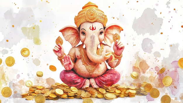 Photo 3d watercolor ganesha with gold coins digital art image