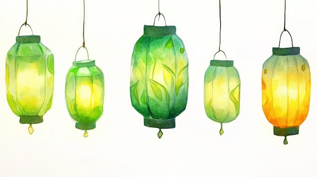 Photo 3d watercolor green yellow glowing lanterns floating high resolution image