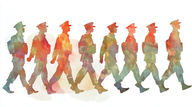 3D Watercolor Illustration of Indonesian Soldiers Marching in a Parade