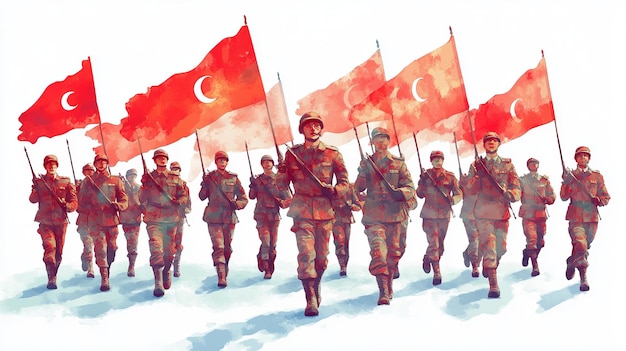 Photo 3d watercolor illustration turkish soldiers marching with flags historical art