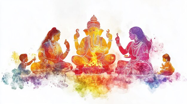 3D Watercolor Indian Family Praying A Spiritual Artwork