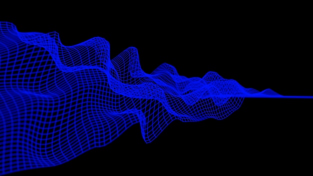 Photo 3d waves data abstract background digital blue grid network on an empty black background