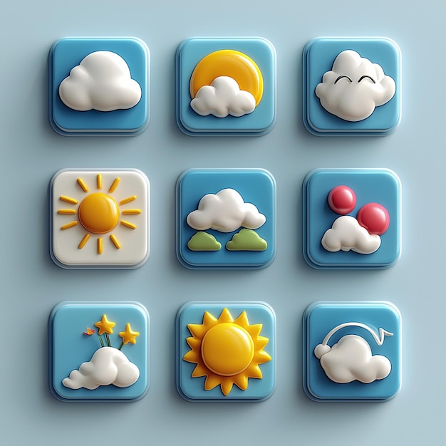 3D Weather Icons Set Sunny Cloudy Rainy Windy Starry Night