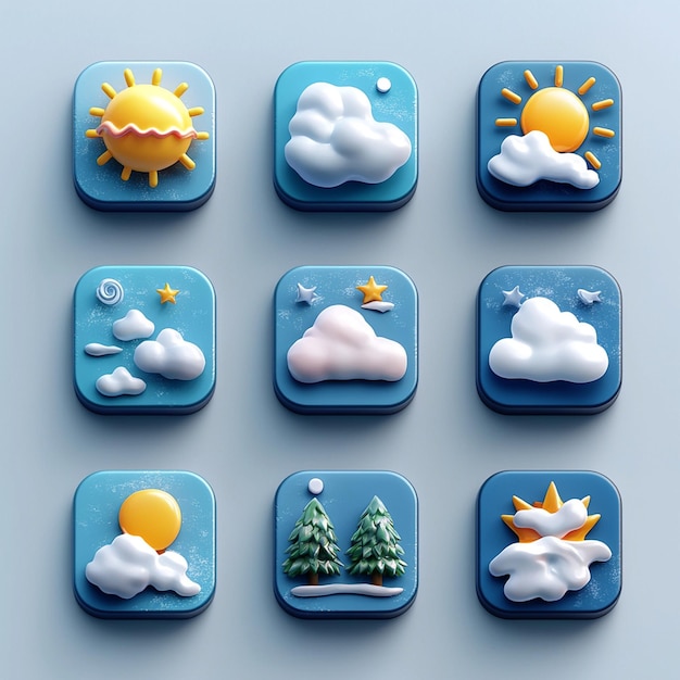 3D Weather Icons Sun Cloud Snow Rain Night Winter