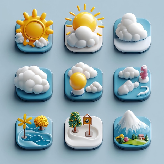 3D Weather Icons with Sun Clouds Mountain and Tree