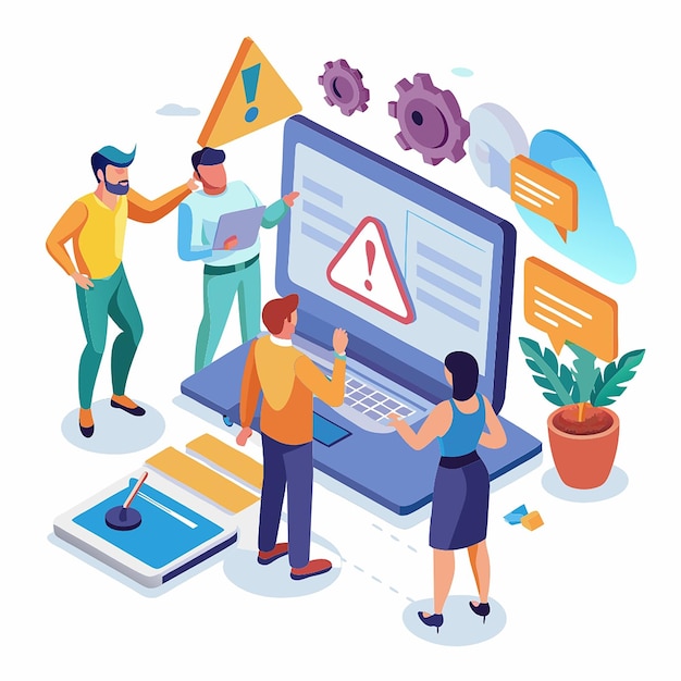 3D website testing warning error People examining operating system crash on web page isolated 3D render vector illustration