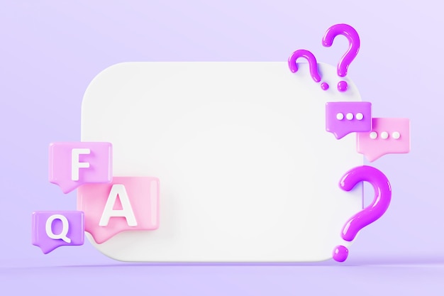 Photo 3d white blank poster with faq speech bubbles render icon social media question answer post banner template with chat message boxes dialog frames and ask signs on purple background