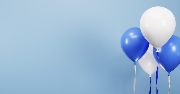 3D white blue balloons on blank space light blue background