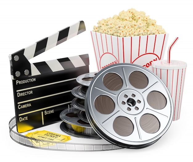 3D white character. Cinema clapper film reel drink and popcorn