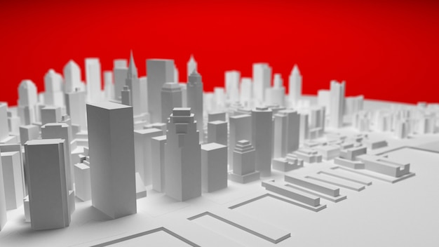 3d white city panorama isolated on red background. 3d rendering.