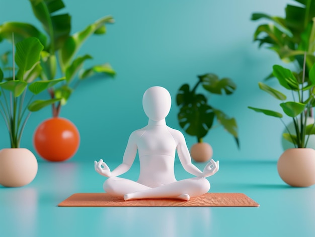 3d white figure practicing yoga in a minimalist tropical setting