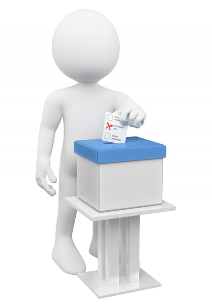 3D white Man putting his ballot paper in a ballot box