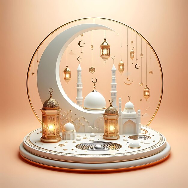 3d White Modern Islamic Eid Mubarak Banner Template Generative AI