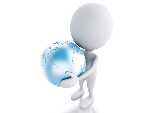 3d white person with earth globe in the hands. Global communication concept