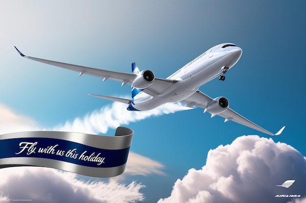 Photo 3d white plane flight in sky air vector travel concept realistic render of jet on blue background with cloud