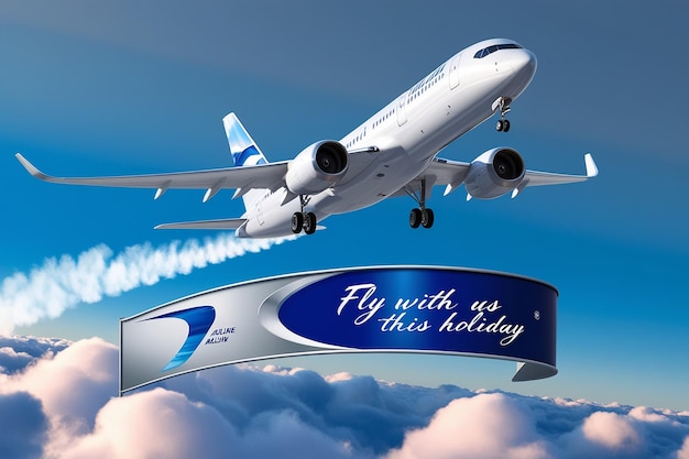 Photo 3d white plane flight in sky air vector travel concept realistic render of jet on blue background with cloud