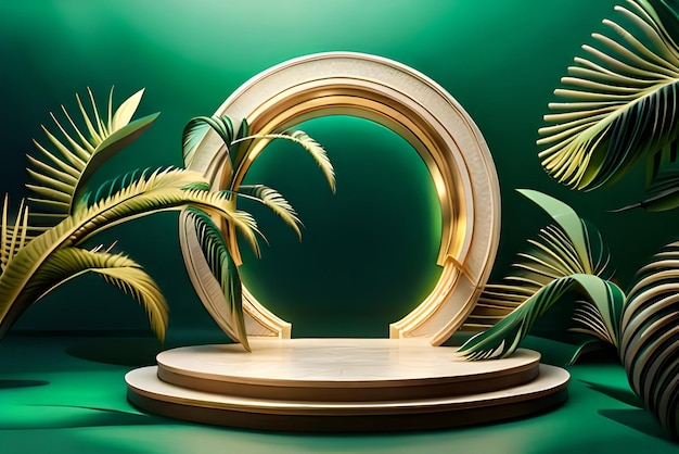 3D white product podium with green tropical palm leaves and golden round arch on green wall