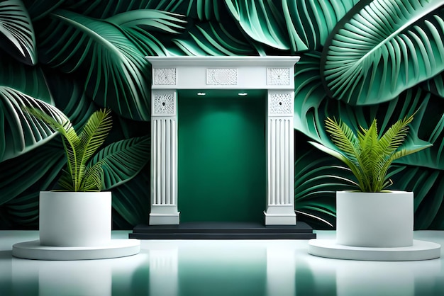 3D white product podium with green tropical palm leaves and green wall