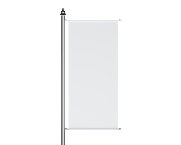 Photo 3d white street banner ad textile stand on pole vertical rectangle flag hanging on metal frame fabric promotion poster blank billboard display isolated on background realistic 3d render mock up