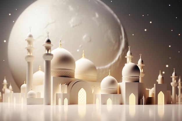 3D white wall with gold ornaments and a mosque with arabic ornaments Generative AI