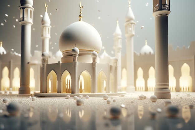 3D white wall with gold ornaments and a mosque with arabic ornaments Generative AI