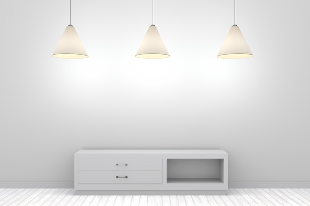 3d white wall with shelf and three lamp