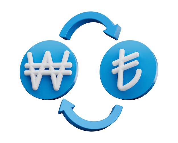 3d White Won And Lira Symbol On Rounded Blue Icons With Money Exchange Arrows 3d illustration