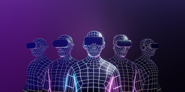 3D wireframe five virtual human team wear VR headset on purple dark background