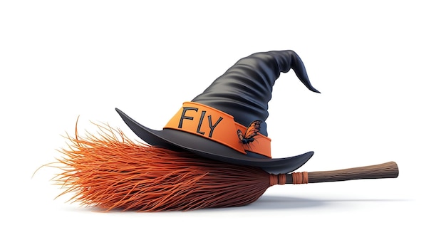 Photo 3d witchs broom and hat with fly text concept as an isolated vector featuring a witchs broom and hat