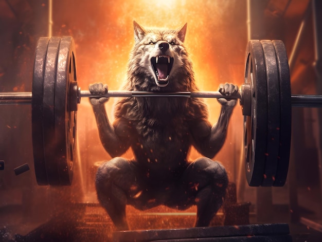 3D Wolf Lifting Weights in Destroyed Gym Fire Behind Wolf Ai Generated