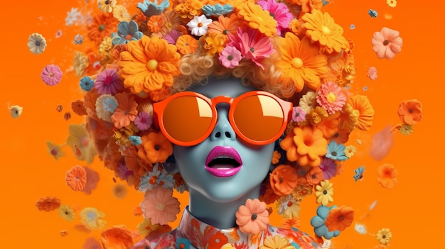 Photo 3d woman face wearing sunglasses in generative ai colors