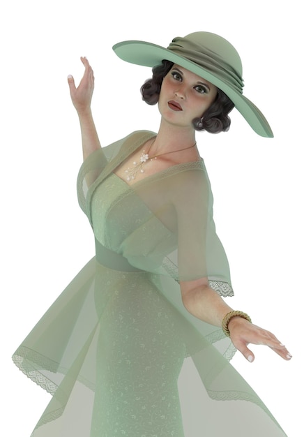 3D Woman in retro green gown and hat