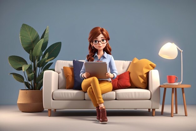 a 3D woman sitting on a couch with a laptop