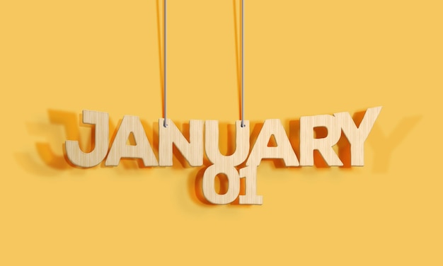 3D Wood decorative lettering hanging shape calendar for January 01 on a yellow background