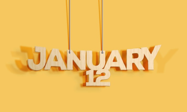 3D Wood decorative lettering hanging shape calendar for January 12 on a yellow background Home Interior and copyspace Selective focus3D illustration